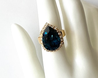 Dark Sapphire Crystal Ring, Crystal Rhinestone Ring, Crystal Halo Teardrop Ring, Wedding Jewelry, Cocktail Ring, Adjustable Band Ring