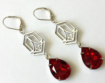 Red Crystal Teardrop Earrings: Art Deco Antique Silver Dangle, Dangle, Jewelry Gift, ArtistInJewelry