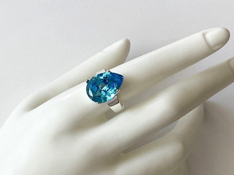 Aquamarine Crystal Ring, Crystal Rhinestone Ring, Crystal Teardrop Ring, Wedding Jewelry, Cocktail Ring, Adjustable Band Ring image 2