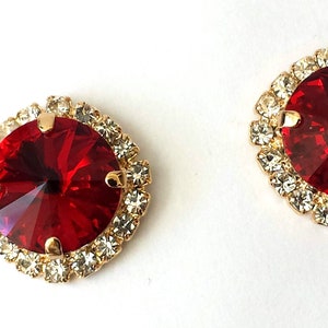 Red Crystal Halo Earrings, Red Post Earrings, Bridesmaid Jewelry Gifts, Red Rhinestone Earrings, 12mm Gold Post Earrings, Gold Halo Studs