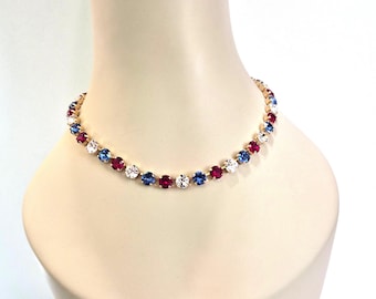 Patriotic Crystal Tennis Necklace: Independence Day, American Pride, Genuine Austrian 8mm, 4th of July