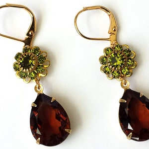 Dark Topaz and Olivine Earrings, Crystal Rhinestone Earrings, Dark Brown Earrings, Art Deco Earrings, Smoky Topaz Earrings, Jewelry Gifts
