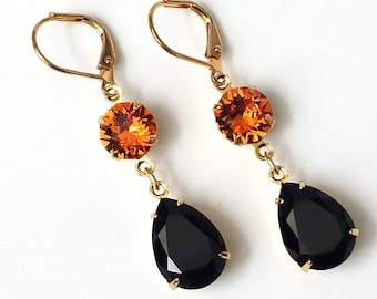 Black and Orange Crystal Earrings, Black Drop Earrings, Halloween Jewelry, Orange and Black Earrings, Halloween Earrings, Black Earrings