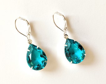 Blue Zircon Crystal Earrings, Crystal Teardrop Earrings, Blue Rhinestone Earrings, Teal Earrings, Bridesmaids Gift, Zircon Drop Earrings