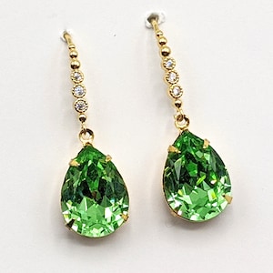 Peridot Crystal Earrings, Elegant Peridot Teardrop Earrings, Green Drop Earrings, Bridesmaid Gifts, Gold Drop Earrings, Rhinestone Earrings
