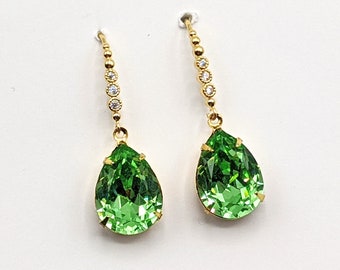 Peridot Crystal Earrings, Elegant Peridot Teardrop Earrings, Green Drop Earrings, Bridesmaid Gifts, Gold Drop Earrings, Rhinestone Earrings