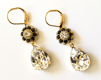 RED TEARDROP EARRINGS vintage brass/gold JEWEL rhinestone DROP jewelled facet