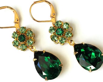 Emerald Green Crystal Teardrop Earrings, Vintage Peridot Jewelry, Green Dangle  Drop