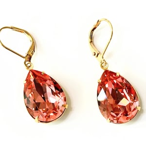 Rose Peach Crystals Earrings, Rose Peach Teardrop Earrings, Bridesmaids Jewelry Gifts, Prom Earrings, Holiday Christmas Gifts, Rose Earrings