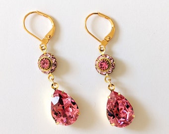 Rose Pink Crystal Earrings, Rose Teardrop Earrings, Gold Drop Earrings, Art Deco Earring, Jewelry Gifts for Her, Crystal Teardrop Earrings