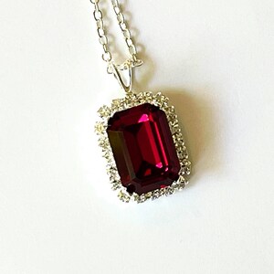 Collana di cristallo rubino: ciondolo ottagonale con alone, placcato argento, per ballo di fine anno, regalo per lei, 14/10 mm