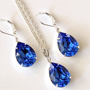 Sapphire Crystal Jewelry Set: Silver Plated Blue Necklace and Earrings, Bridesmaids Gift, ArtistInJewelry