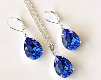 Sapphire Crystal Jewelry Set, Wedding Bridal Jewelry, Bridesmaids Blue Crystal Necklace and Earrings Set, Prom Jewelry Set, Jewelry Gifts