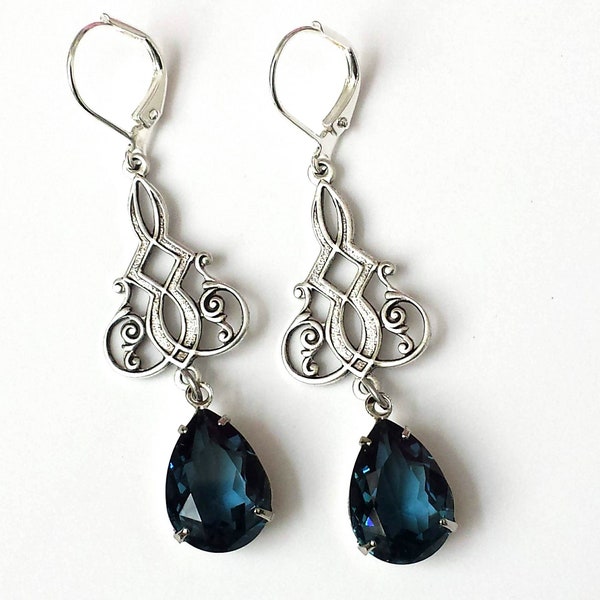Dark Sapphire Crystal Earrings, Sapphire Rhinestone Earrings, Silver Drop Earrings, Blue Crystal Teardrop Earrings, Art Deco Earrings