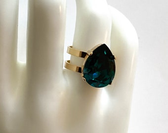 Emerald Teardrop Ring, Crystal Rhinestone Ring, Emerald Ring, Crystal Ring, Wedding Jewelry, Cocktail Ring, Adjustable Band Ring