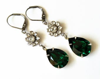 Emerald Crystal Earrings, Emerald Green Earrings, Crystal Teardrop Earrings, Antique Silver Earrings, Romantic Earrings, Gifts for Her