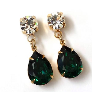 Emerald Double Drop Earrings, Crystal Emerald Post Dangle Earrings ...