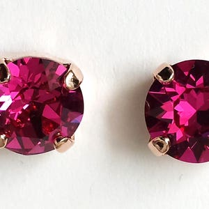 Fuchsia Crystal Earrings, Pink Earrings, Bridesmaids Jewelry, Gifts Rose Gold Stud Earrings, 8mm Crystal Rhinestones Fuchsia Earrings