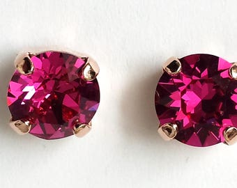 Fuchsia Crystal Earrings, Pink Earrings, Bridesmaids Jewelry, Gifts Rose Gold Stud Earrings, 8mm Crystal Rhinestones Fuchsia Earrings