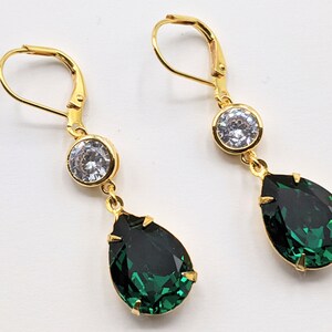 Emerald and Crystal Earrings, Gold Dangle Crystal Earrings, Bridesmaid Gifts, Emerald Green Earrings, Wedding Bridal Jewelry, Holiday Gifts