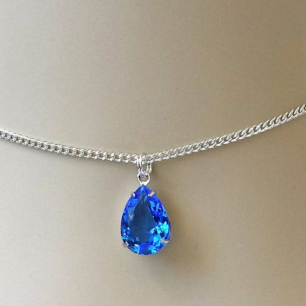 Dainty Sapphire Crystal Teardrop Necklace, Sapphire Layering Necklace, Crystal Choker, Silver Teardrop Choker, Blue Pendant Necklace