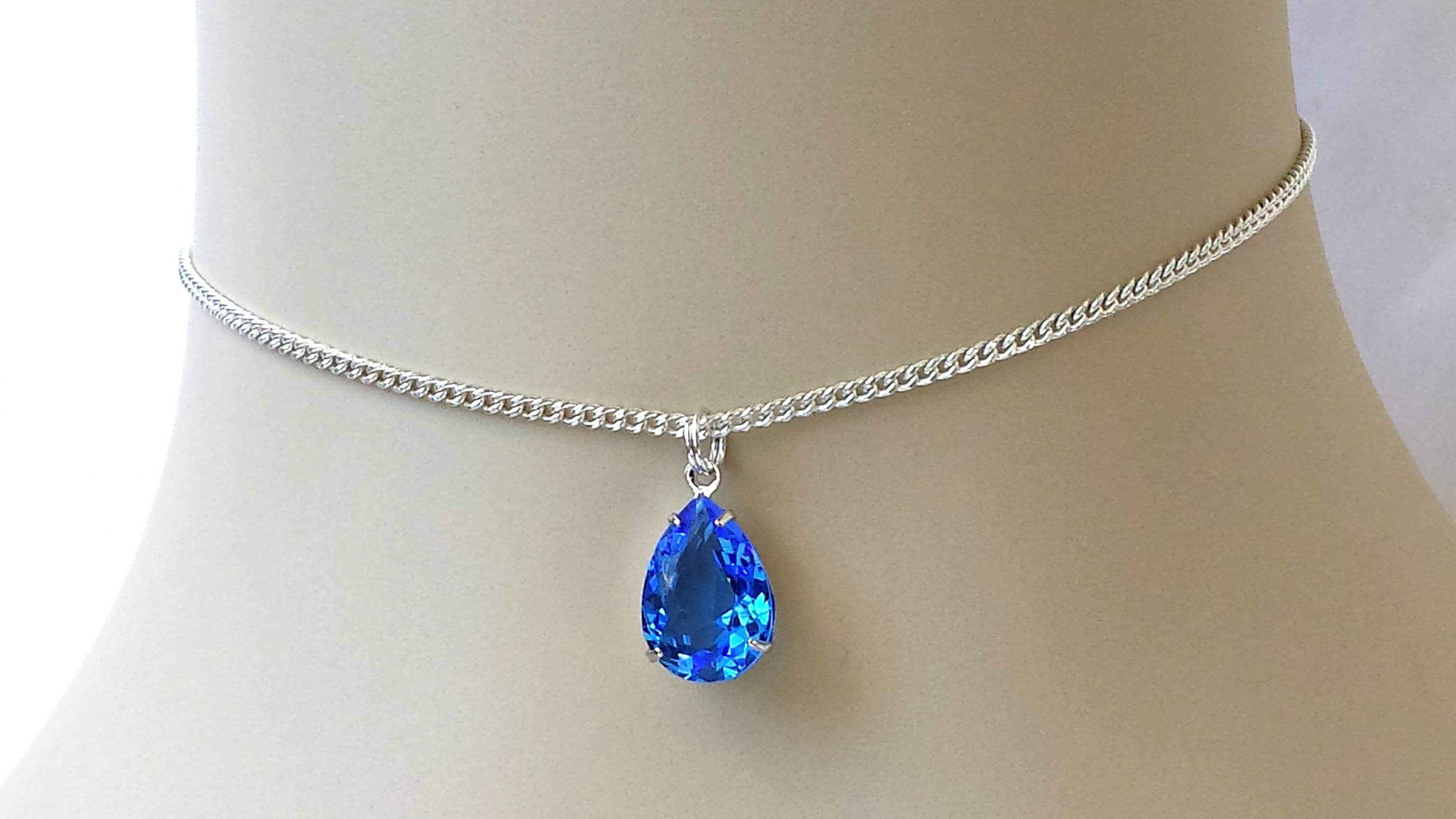 Sapphire Crystal Teardrop Necklace Sapphire Layering Necklace Etsy