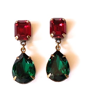 Crystal Christmas Earrings, Emerald and Ruby Earrings, Green Crystal Drop Earrings, Antique Brass Post Earrings, Christmas Jewelry
