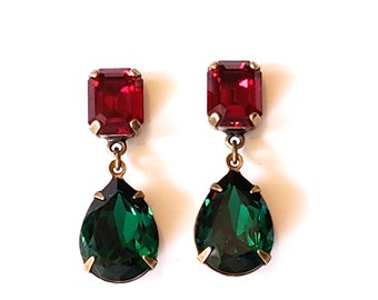 Crystal Christmas Earrings, Emerald and Ruby Earrings, Green Crystal Drop Earrings, Antique Brass Post Earrings, Christmas Jewelry
