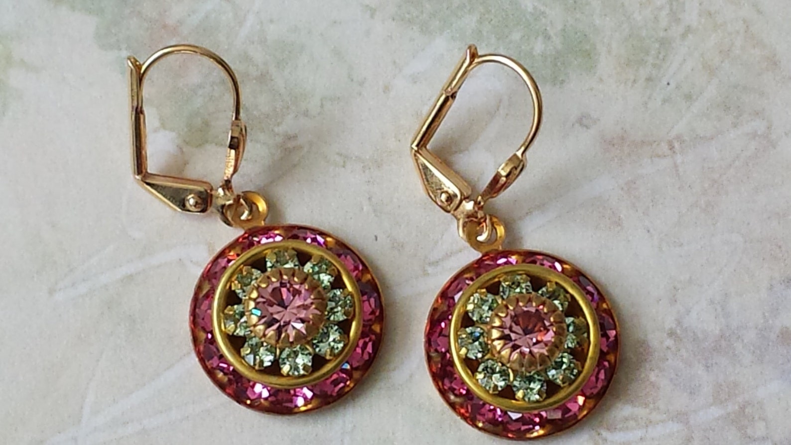 Rose Crystal Earrings Pink Rhinestone Earrings Pink Gold Etsy