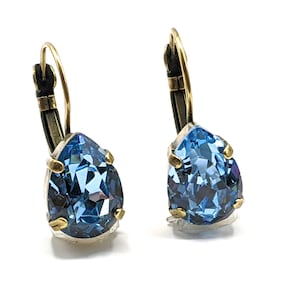 Aquamarine Crystal Teardrop Earrings, Wedding Bridal Earrings, Blue Drop Earrings, Antique Brass, Aqua Rhinestone Earrings, Jewelry Gifts