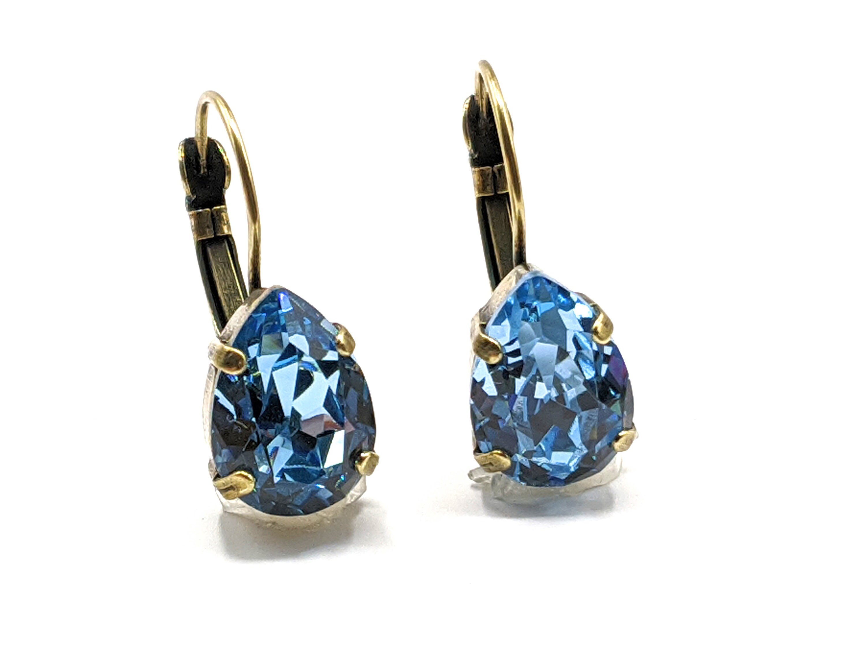 Aquamarine Crystal Teardrop Earrings, Wedding Bridal Earrings, Blue Drop Earrings, Antique Brass, Aqua Rhinestone Earrings, Jewelry Gifts