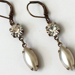 Pearl and Crystal Earrings, Rhinestone Earrings, Vintage Bride Earrings, Victorian Crystal Earrings, Antique Brass Art Deco Earrings