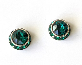 Emerald Crystal Halo Earrings: Silver Studs, Green Jewelry, Gift, Christmas, ArtistInJewelry