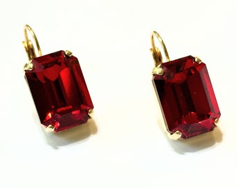 Siam Red Crystal Earrings: Gold Plated Octagon Dangle Earrings