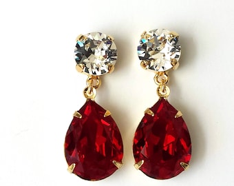Red Crystal Teardrop Earrings: Siam Vintage Rhinestone Drop Earrings, Bridal, Elegant, Classic, ArtistInJewelry