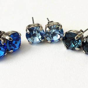 Sapphire Crystal Stud Earrings Set: Antique Silver Rhinestone Posts