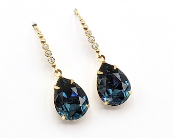 Dark Sapphire Teardrop Earrings, Dark Blue Drop Earrings, Dark Sapphire Earrings,  Art Deco Earrings, Bridesmaids Jewelry, Gifts for Her