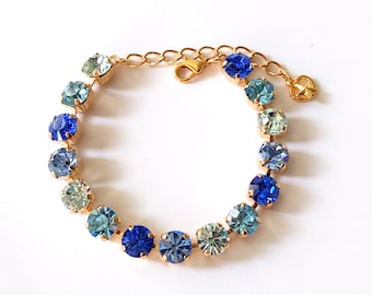 Bracelet tennis éblouissant en cristal de saphir, bracelet tennis bleu, bracelet en cristal doré, saphir, aigue-marine, bracelet Açores, cadeau de Noël