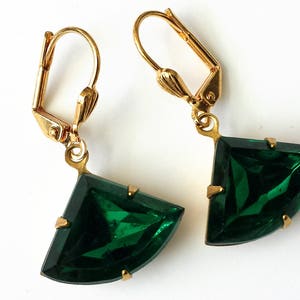 Vintage Emerald Earrings, Green Drop Earrings, Art Deco Earrings, Gold Earrings, Holiday Gifts, Emerald Green Earrings, Gifts for Her image 1