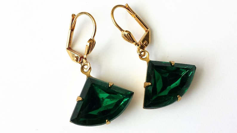 Vintage Emerald Earrings, Green Drop Earrings, Art Deco Earrings, Gold Earrings, Holiday Gifts, Emerald Green Earrings, Gifts for Her image 1