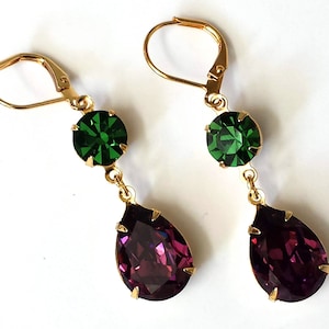 Boucles d’oreilles améthyste et péridot, boucles d’oreilles en cristal, bijoux de demoiselle d’honneur, boucles d’oreilles en cristal d’améthyste, boucles d’oreilles violettes et vertes, cadeau de bijoux