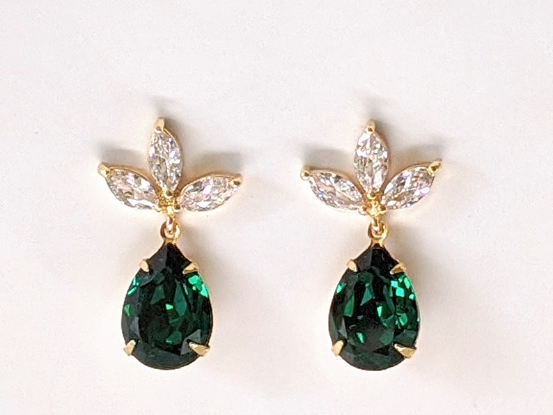 Emerald Crystal Post Earrings Emerald Green Earrings Bridesmaid Jewelry Gifts Crystal Post Earrings Emerald Drop Earrings Prom Earrings image 2