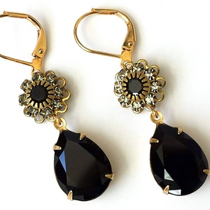 Black Crystal Drop Earrings, Black and Gray Teardrop Earrings, Crystal Rhinestone Earrings, Romantic Earrings, Black Art Deco Earrings