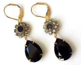 Orecchini a goccia in cristallo nero: stile Art Déco vintage con strass nero corvino
