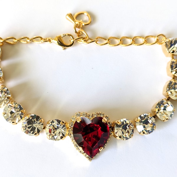 Unique Red Heart Bracelet, Red Crystal Tennis Bracelet, Valentine Jewelry Gifts, Crystal Heart Bracelet, Gold Crystal Valentine Bracelet