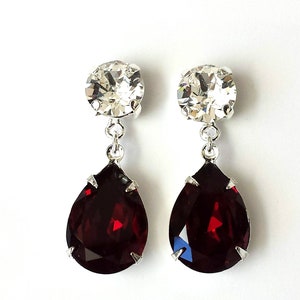Garnet and Crystal Drop Earrings, Crystal Garnet Red Earrings, Crystal Post Earrings, Bridesmaid Silver Earrings, January Birthstone Jewelry