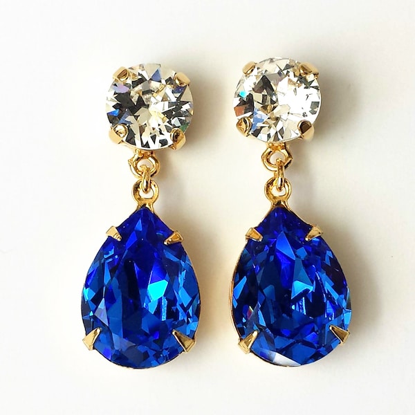 Sapphire Crystal Teardrop Earrings, Crystal Rhinestone Earrings, Bridesmaid Jewelry, Sapphire Post Earrings, Gold Drop Earrings