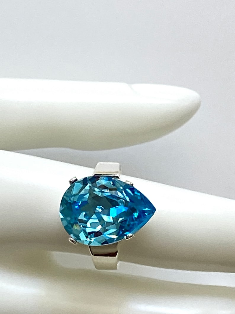 Aquamarine Crystal Ring, Crystal Rhinestone Ring, Crystal Teardrop Ring, Wedding Jewelry, Cocktail Ring, Adjustable Band Ring image 4