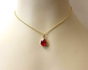 Dazzling Scarlet Crystal Necklace, Dainty Gold Choker Necklace, Scarlet Red Pendant, Gift for Her, Gold Layering Necklace, Crystal Choker