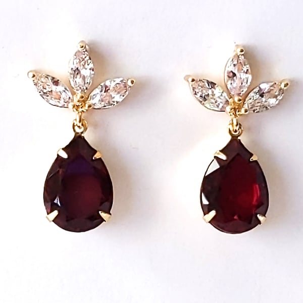 Garnet Crystal Post Earrings, Garnet Teardrop Earrings, Bridesmaid Jewelry Gifts, Crystal Post Earrings, Garnet Earrings, Gold Earrings